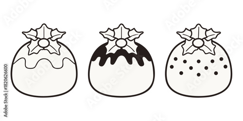 Three Christmas puddings decorated with icing and holly leaves.