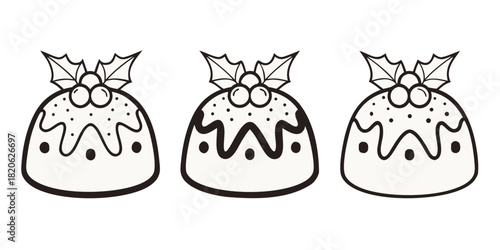 Three cartoon Christmas puddings with holly and berries are shown in a row.
