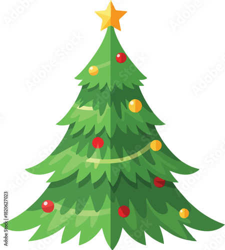 Festive Christmas Tree: A vibrant cartoon Christmas tree adorned with ornaments and a shining star, bringing cheer and celebration.