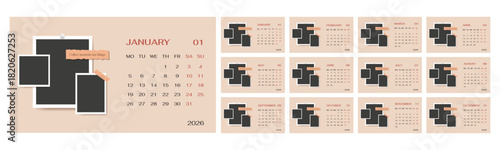 English 2026 calendar template week start on Monday.  Minimalist photo frame set of horizontal layout pages with quote. 