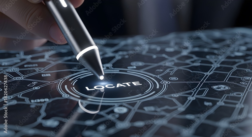 Fototapeta premium Futuristic navigation digital pen interacting with a glowing locate button on a map