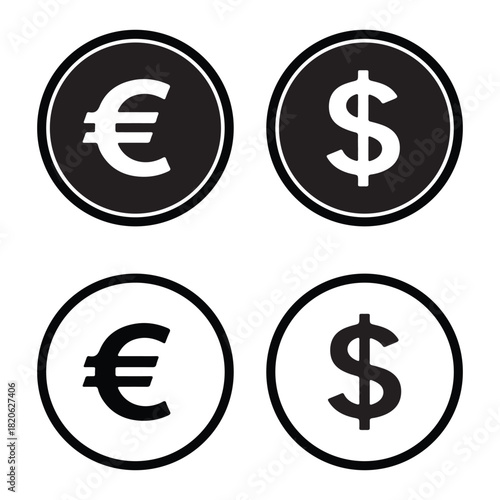 Currency symbols of the euro and the us dollar in circular silhouette vector designs