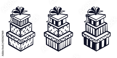 Three stacked gift boxes with bows are presented in a row.
