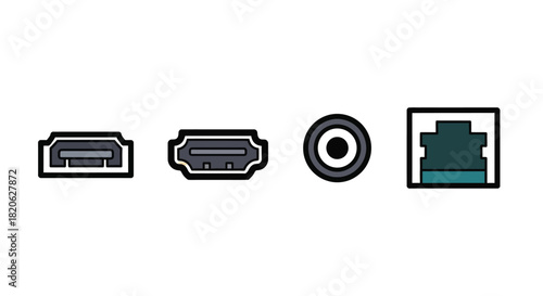 A close-up illustration of various electronic connector ports against a white background.