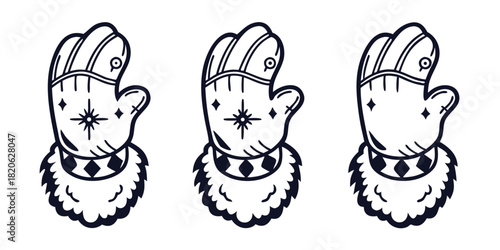 Three identical mittens with fur trim are displayed in a horizontal line.