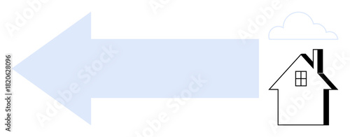 Large blue arrow points to a basic house outline with a small cloud overhead. Ideal for direction, real estate, relocation, progress, goals, home search, navigation. Flat and simple metaphor