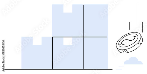 Falling coin beside stacked bar chart. Ideal for finance, investment, economy, growth, savings analysis digital banking. A simple flat metaphor. Line metaphor. Simple line icons