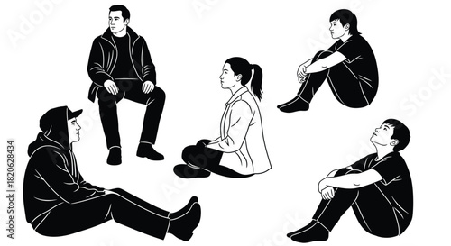 Diverse group of people sitting and contemplating in minimalist style