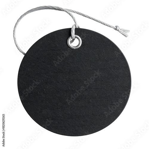 Circle Tag: A minimalist circular tag, with a metal grommet and a cord for hanging, is presented for product labeling. The simple elegance of the label stands out.