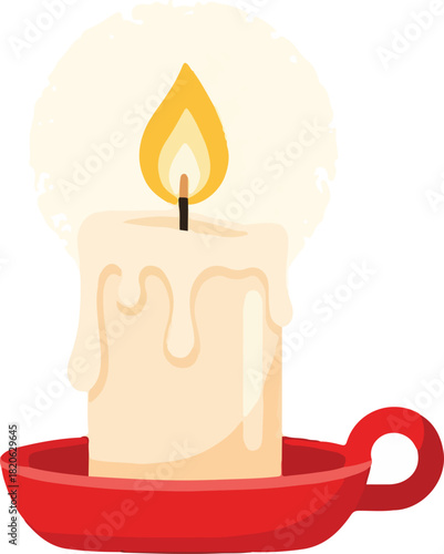 Lit Candle Illustration: This artistic image showcases a solitary candle, its warm flame dancing, set within a simple red holder. capturing feelings of warmth, light, and ambiance.