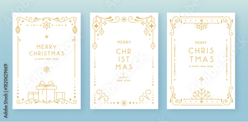 Set of modern Christmas frames or holiday greeting cards on white background. Line art vector illustration
