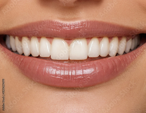 Close-up of smiling woman showing perfect white teeth and healthy oral care on grey background