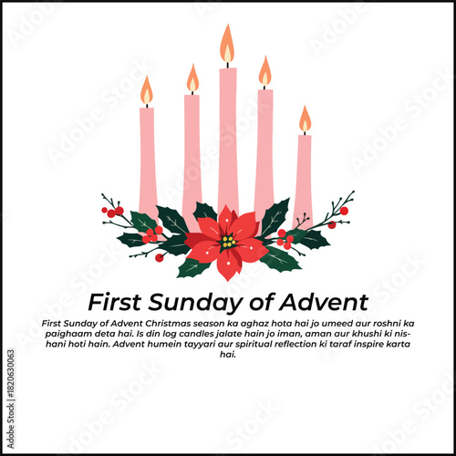 Four pink Advent candles with floral base and bilingual First Sunday of Advent text in festive illustration