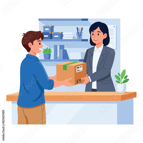 Friendly service worker assisting customer with package at pickup counter