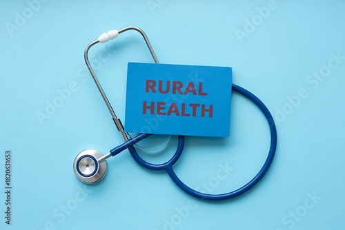 Stethoscope resting on a bright blue background with a torn piece of blue paper displaying the words rural health