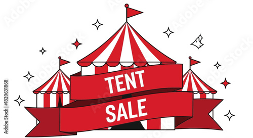 Exciting tent sale event with festive circus-style tents and sparkling accents