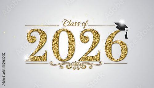 Sparkling golden numbers of the year 2026 with a graduation cap and diploma signifying academic achievement and celebration