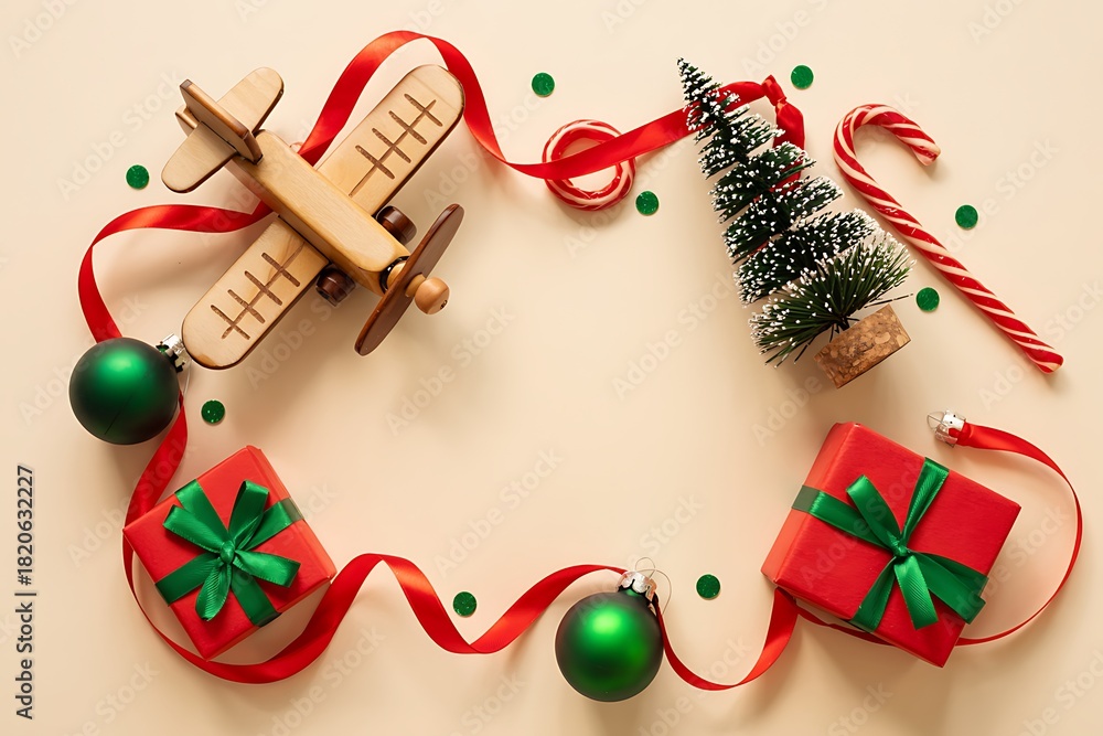 Obraz premium Festive christmas wreath arrangement with a wooden airplane toy miniature tree candy canes red ribbon green baubles and gift boxes on a light background