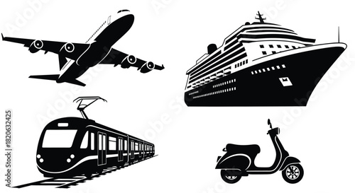 Diverse transportation methods including airplane, cruise ship, train, and scooter for travel.