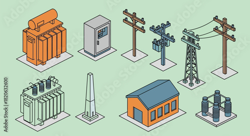 A collection of electrical infrastructure components and structures.