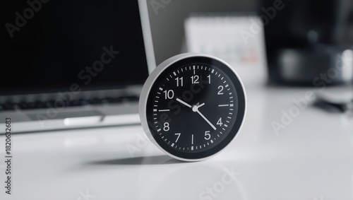 A black and white round clock sits on a white table next to a laptop, suggesting a workspace