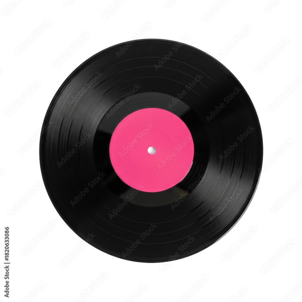 Fototapeta premium Black 7-inch vinyl record, vibrant pink label, white center hole, subtle grooves, perfectly centered on transparent studio background, evoking timeless media nostalgia concept