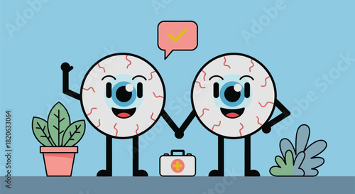 Two cartoon eyeballs holding hands with a first aid kit between them.