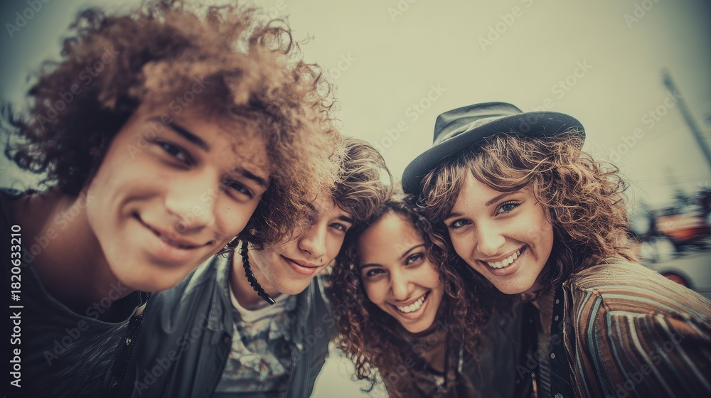 Fototapeta premium Joyful group of diverse friends smiling in a close-up selfie