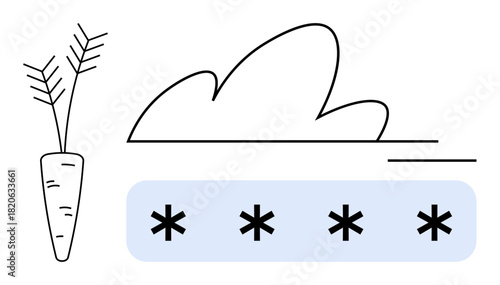 Carrot with leaves, cloud above soil with asterisks, illustrating plant growth, farming, gardening, organic food, sustainability, nature cycles, agriculture using a simple flat metaphor