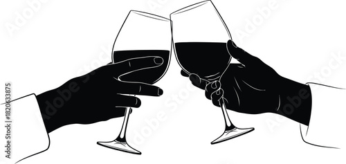 Silhouette of two hands toasting with wine glasses, celebrating a special occasion or event with a drink, isolated on white background