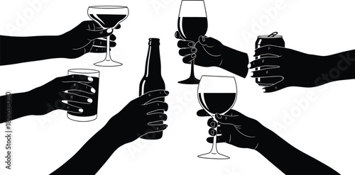 Silhouettes of hands holding various alcoholic beverages including wine, beer, and cocktails, depicting a celebration or toast at a party, isolated on white background