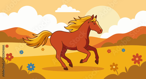 Horse Galloping Across a Field
Flat vector horse running across a yellow field with hills, scattered flowers
