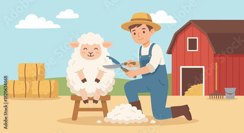 Sheep Getting a Haircut by the Farmer
Flat vector sheep sitting happily while a farmer trims its wool, barnyard background
