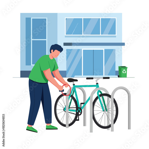 Man securing his bike at a rack outside a modern building, eco commuting