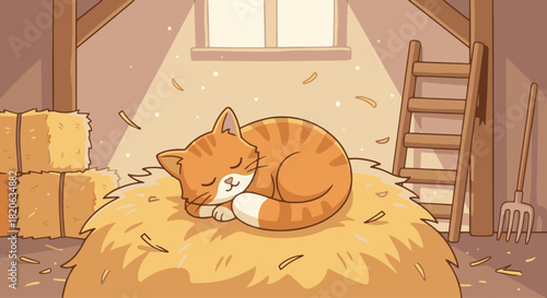 Cat Resting on a Haystack
Flat vector farm cat curled up on a haystack inside the barn,
