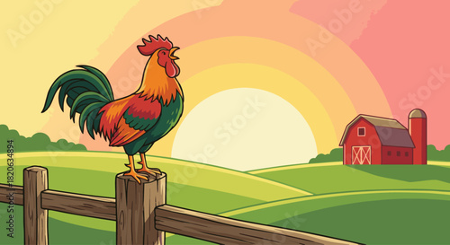 Rooster Crowing at Sunrise
Flat vector rooster standing on a fence, crowing as the sun rises
