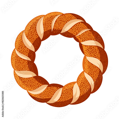A vibrant vector illustration of a golden-brown, braided bread ring known as a simit, heavily encrusted with toasted sesame seeds on a white background