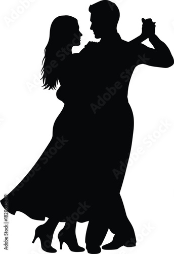 Elegant silhouette of a man and woman dancing gracefully, capturing a romantic and classic ballroom or formal dance pose, symbolizing love and partnership