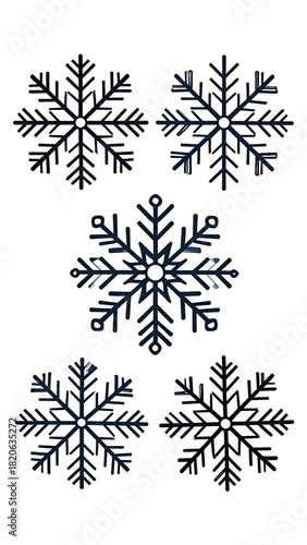 Dark blue snowflake variations, simple on black background