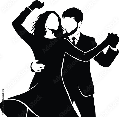 A dynamic black silhouette of a couple gracefully dancing together, capturing the elegance and energy of their movement, isolated on white background