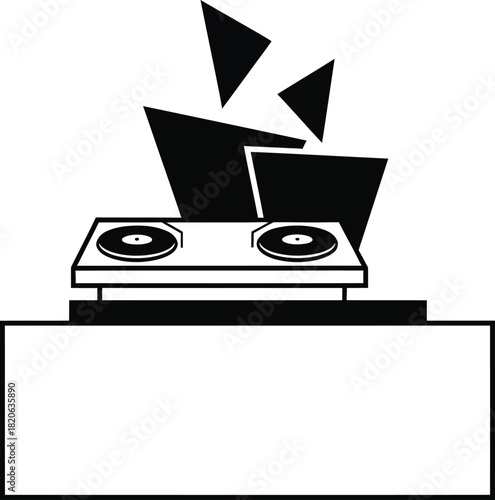 Black and white graphic of a dj mixer with abstract geometric shapes, symbolizing sound, music, and energy for party and event, isolated on white background