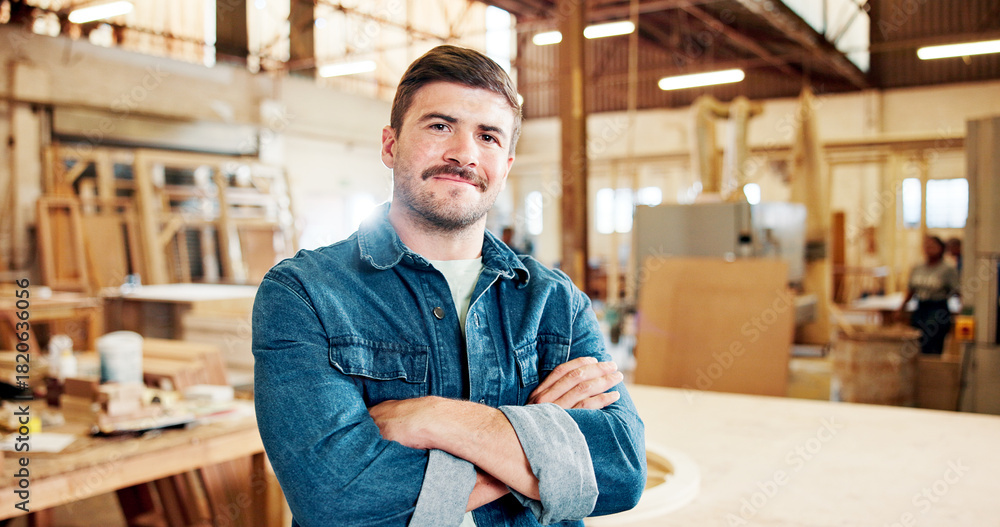 Obraz premium Carpenter, portrait and man with arms crossed, workshop and happy for craftsmanship or manufacturing. Artisan, pride and person with smile for production, creative and career growth in small business