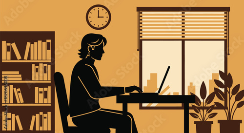 A person works on a laptop at a desk in a home office with a bookshelf and window.