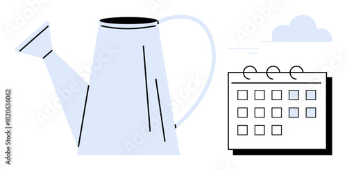 Watering can beside a calendar implies nurturing, scheduling, and growth. Ideal for planning, gardening, time management, productivity, goal setting personal development agriculture. Simple flat
