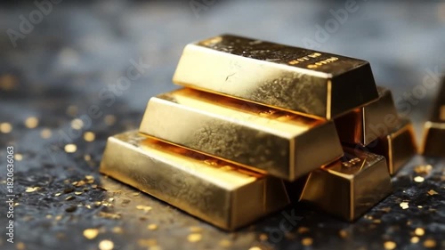 Wallpaper Mural Close-up of stacked gold bars on a dark, reflective surface with glittering bokeh backdrop. in glow! Torontodigital.ca