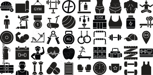 Fitness and Gym Icon Set Vector Illustration for Workout, Exercise, Bodybuilding, Training Equipment, and Active Lifestyle Designs
