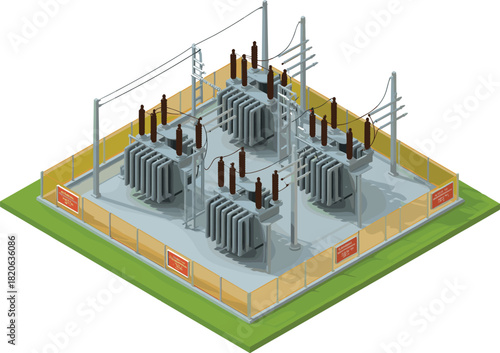 "Isometric 3D Illustration of a Power Substation, Electrical Transformers, High Voltage Equipment, Fenced Area, Energy Distribution, Power Supply System"