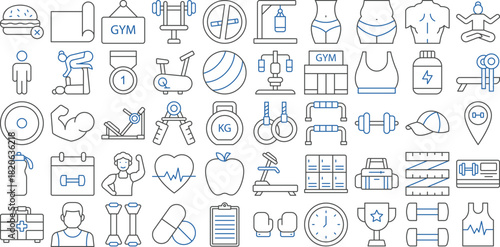 Fitness and Gym Icon Set Vector Illustration for Workout, Exercise, Bodybuilding, Training Equipment, and Active Lifestyle Designs
