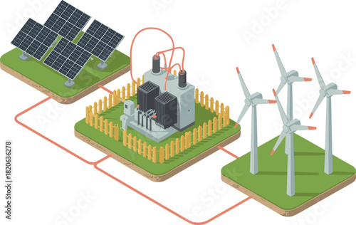 Isometric 3D Technical Illustration of Solar Panels, Wind Turbines, Energy Storage System, and Power Distribution Grid for Renewable Energy