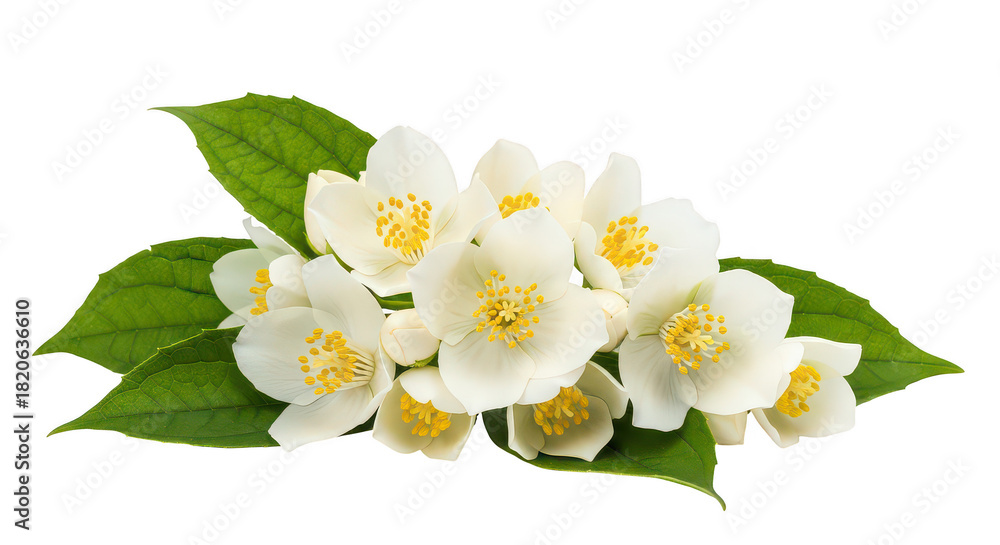 Obraz premium Fresh Jasmine Flowers And Green Leaves On Black Background